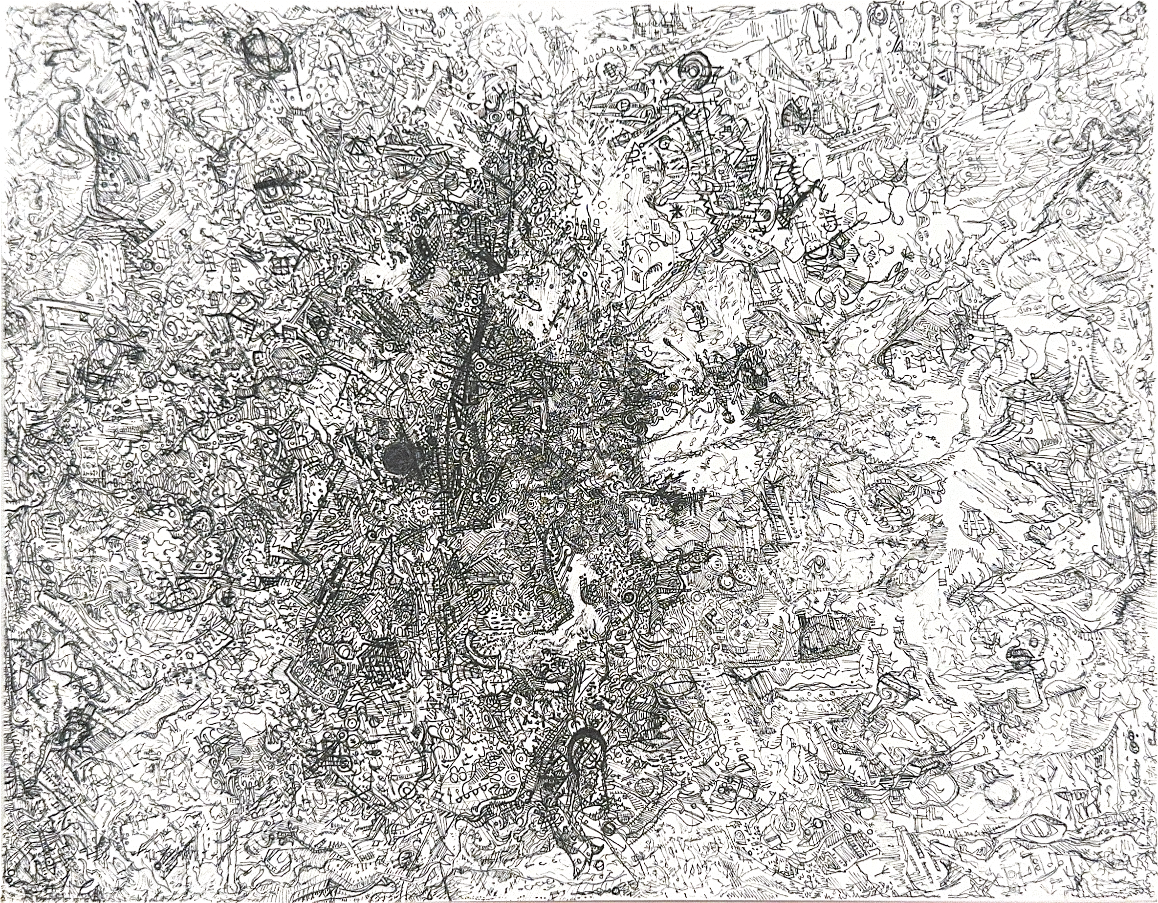 Abstract pen drawing with dense interlocking forms and a dark central cluster spreading across the page.