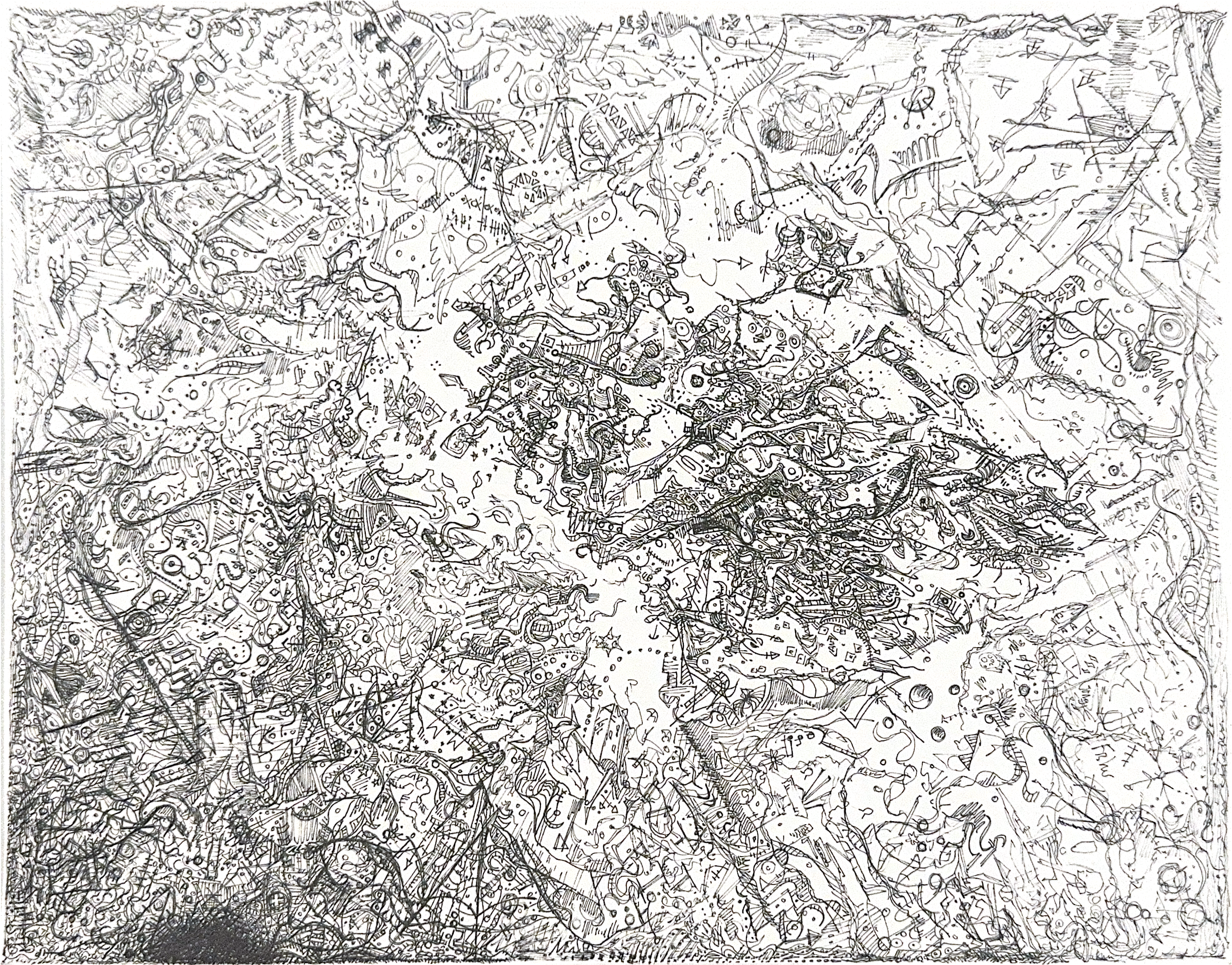 Abstract pen drawing with looping organic figures, fine lines, and dark clusters along one edge and near the centre.
