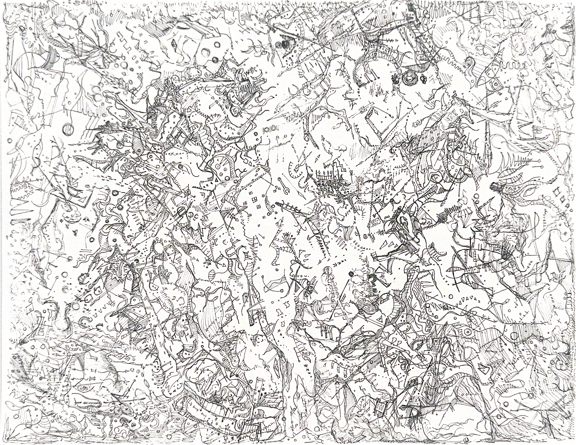 Abstract pen drawing of angular creature-like shapes, dotted trails, and open spaces between fine lines.