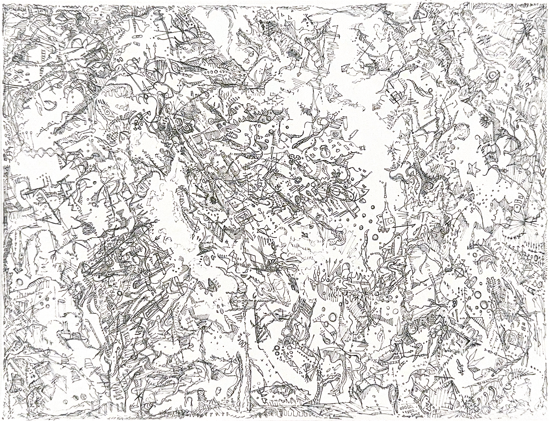 Abstract pen drawing with scattered geometric and organic forms, jagged edges, and looping linework.
