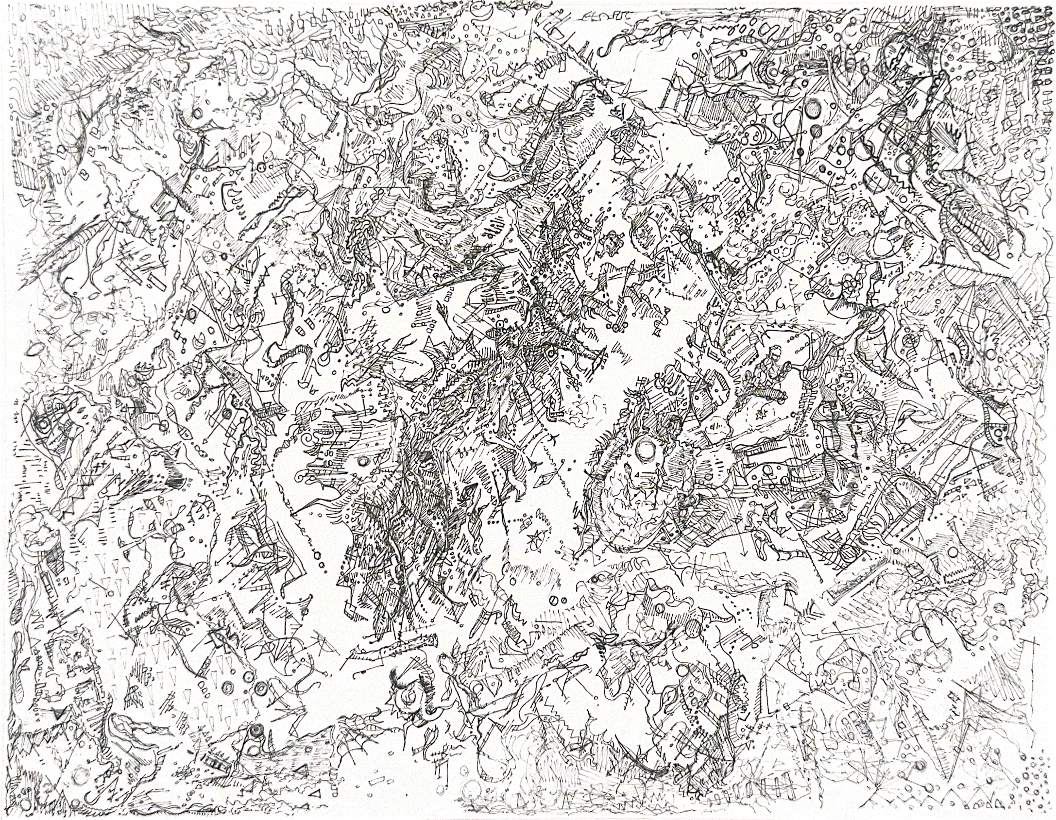 Abstract pen drawing with intricate branching shapes and several dense knots of black linework.