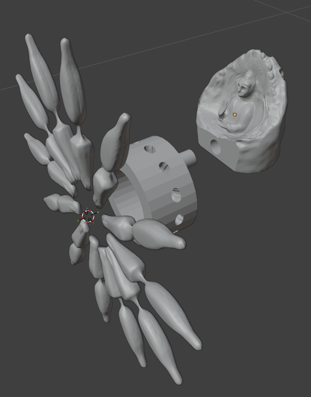 The same clock as an untextured 3D model: the twelve tapered arms fanned out around the drilled hub, with the seated Buddha figure and its block housing modelled beside them.