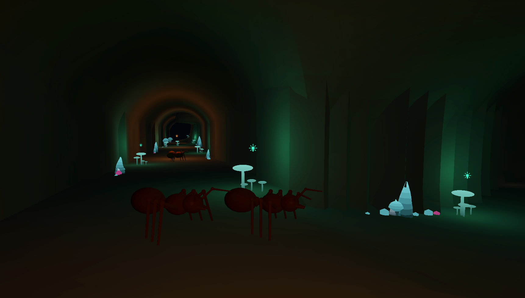 An underground ant cave with dark tunnels, large ants, and glowing turquoise mushrooms and crystals.