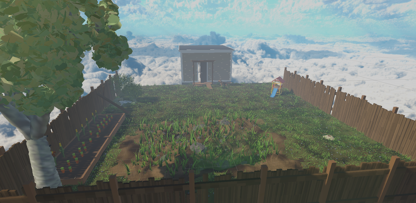 An elevated overview of the Grasslands map: a fenced garden with dense grass, a vegetable patch, a slide, and a building at the far end.